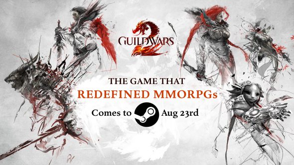 Steam announcement banner. Image text: "Guild Wars 2 - THE GAME THAT REDEFINED MMORPGs Comes to Steam Aug 23rd"
